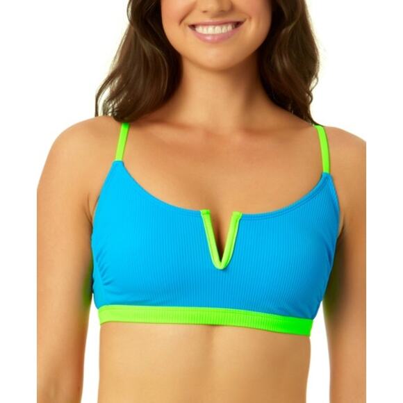 Salt Cove Juniors V-Wire Ribbed Bralette Blue Colorblock - Picture 1 of 5